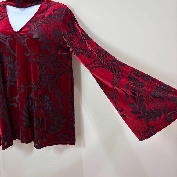 Karlie Red Burnout Velvet Top Women M Neck Cutout Floral Dark Fairy Romantic - Picture 2 of 9
